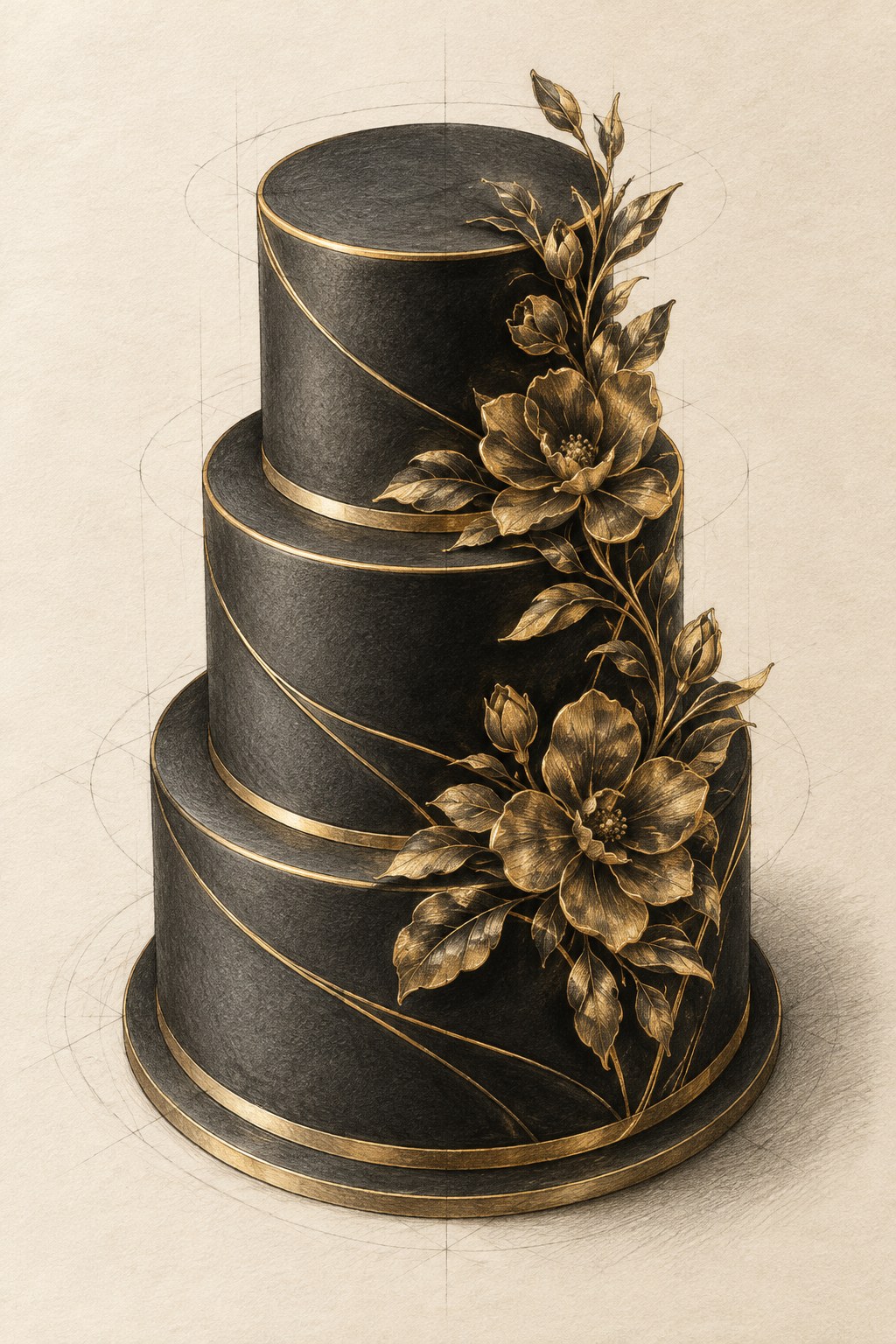 Gâteau à trois étages, noir mat et fleurs dorées