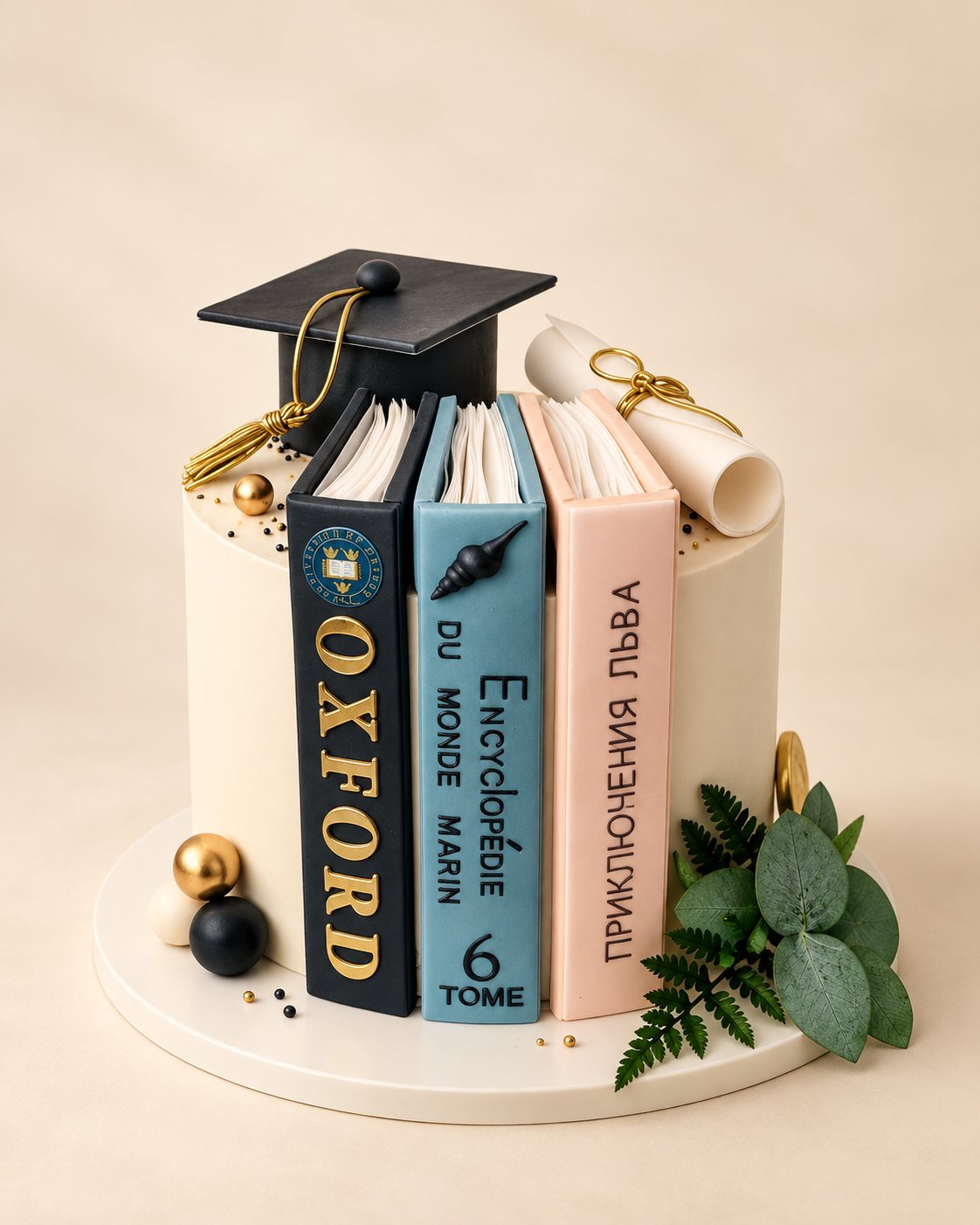 Gâteau d'anniversaire sur le thème des livres et du diplôme, fait main