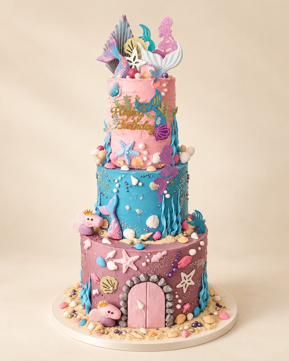 Gâteau d'anniversaire d'enfant à trois étages sur le thème de la sirène, fait main