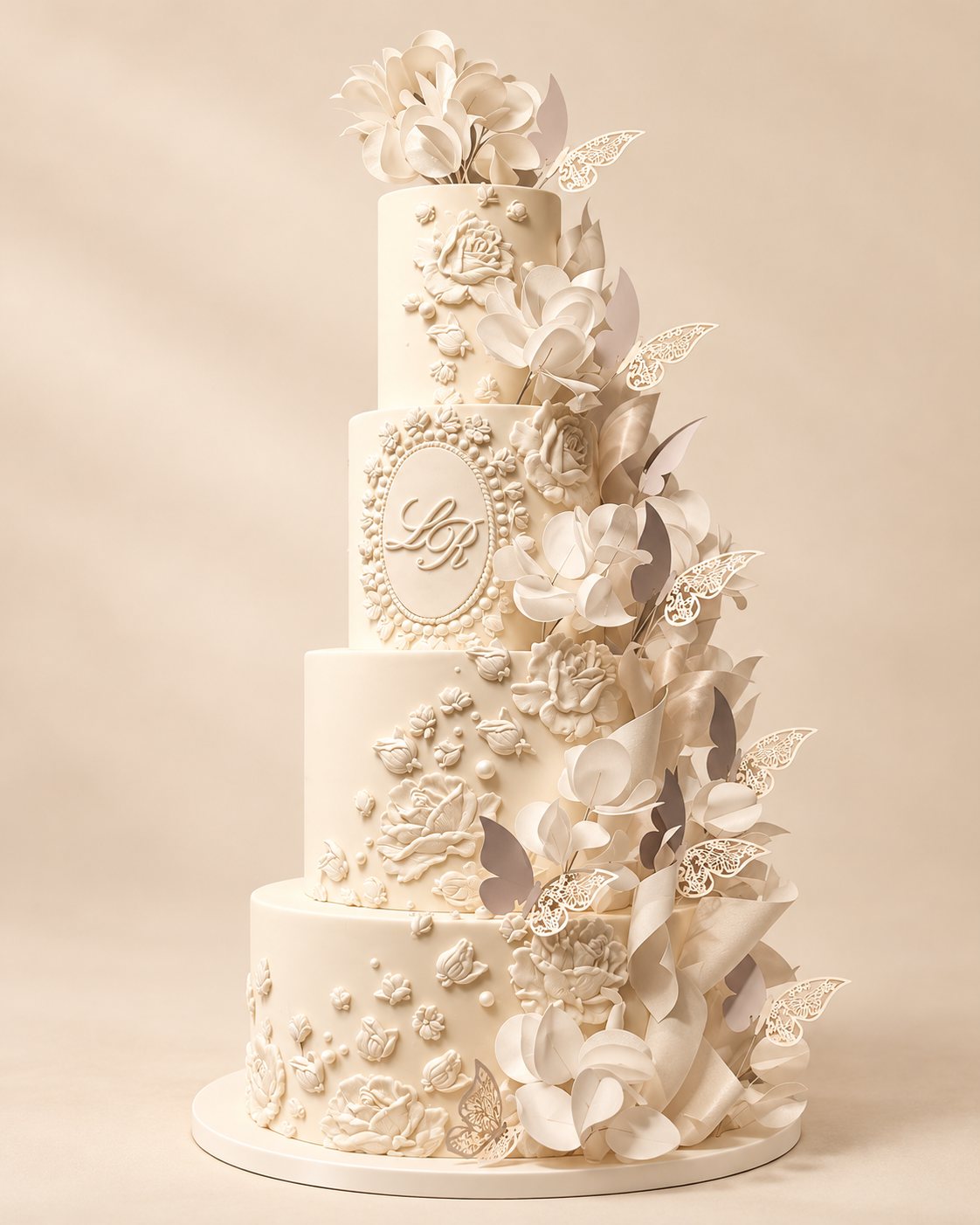 Gâteau de mariage blanc à étages orné de fleurs en sucre, fait main